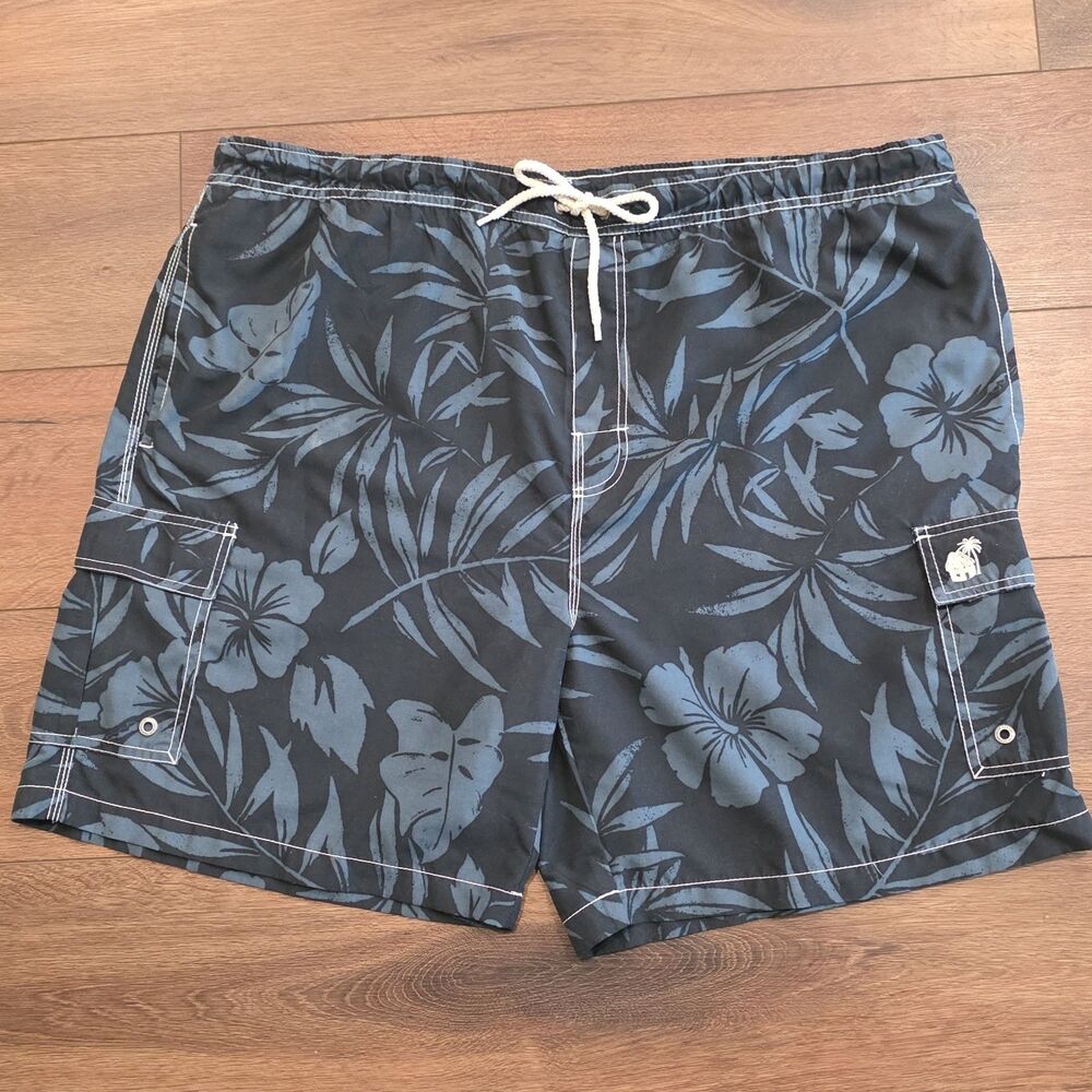 Caribbean Joe Mens XL Swim Shorts Trunks Blue Floral Lined READ